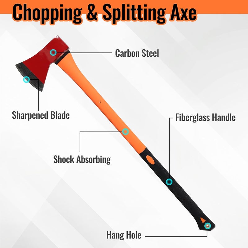 ETICSIPA Chopping Axe: 33.5” Hatchet Axe with Shock Absorbing Fiberglass Handle 4.5lbs Felling Axes for Splitting Log Cutting Firewood GardeningTool - Image 4